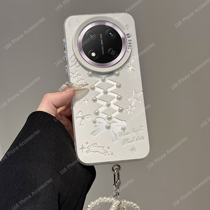 เคส Honor X9C X9B 5G เคส Honor X9C สมาร์ทเคสน่ารักมุกโบว์กันกระแทกกรณีที่มีสายรัดโทรศัพท์มุกหรูหราชุ