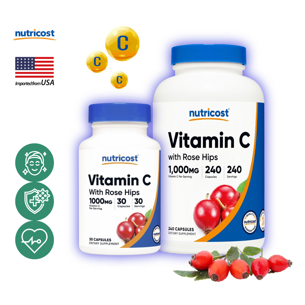 นูทรีคอสท์ วิตามินซี 1000 mg + โรสฮิป แคปซูล Nutricost Vitamin C 1000 DSCT /กินร่วมกับ แคลเซี่ยม คลอเรลล่า คอลลาเจน ถ...
