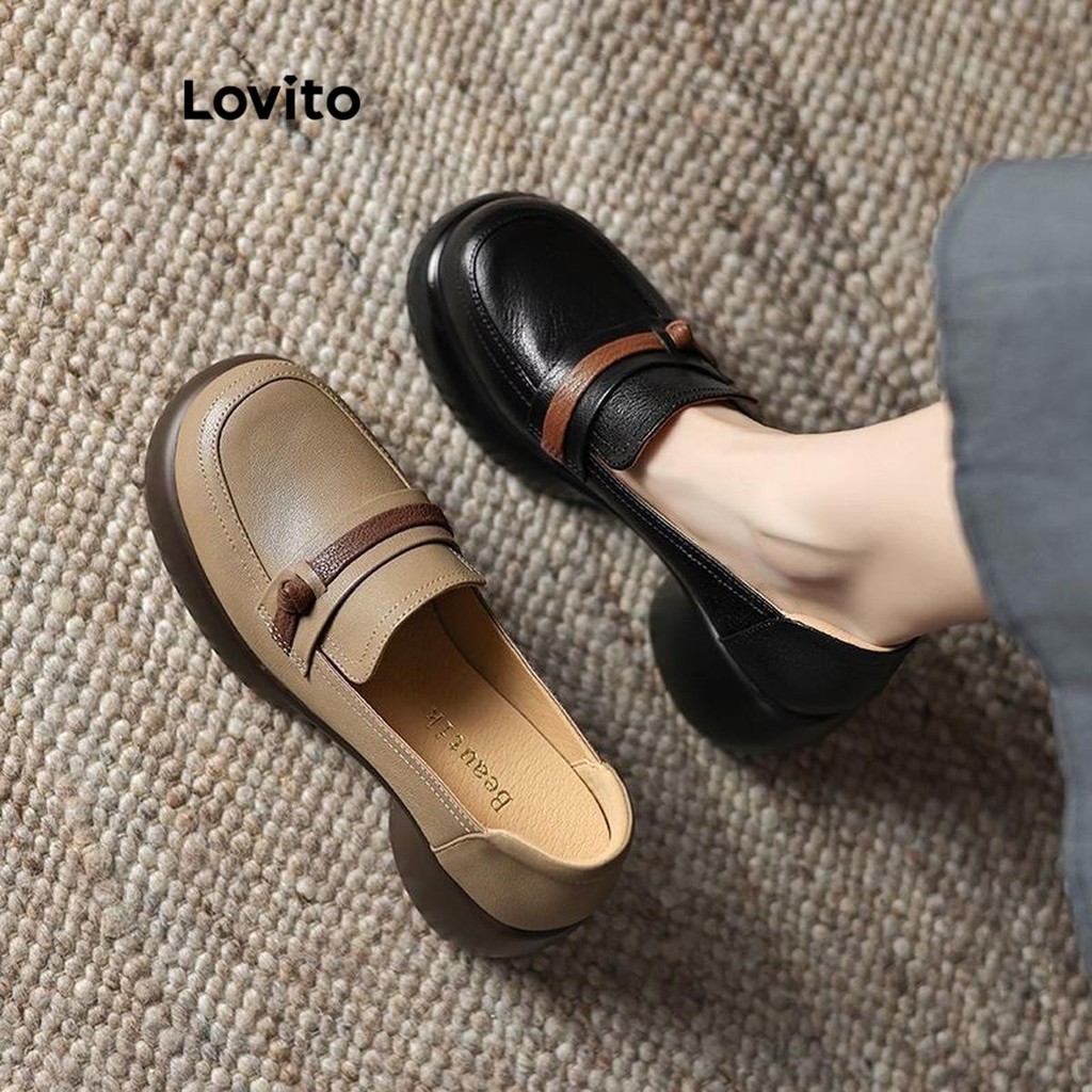 Lovito รองเท้าส้นสูงหัวกลมพื้นหนาสีพื้นหรูหราสําหรับผู้หญิง  LFA66318