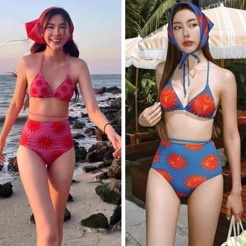 ชุดว่ายน้ำบิกินี่ลายดวงอาทิตย์ ทรงสูง ผูกเอว เหมาะกับการเล่นน้ำ