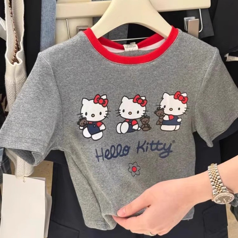 เสื้อยืดแขนสั้นเด็กฤดูใบไม้ผลิฤดูร้อนสไตล์ใหม่สาวน่ารักคิตตี้แมวลําลองด้านบน