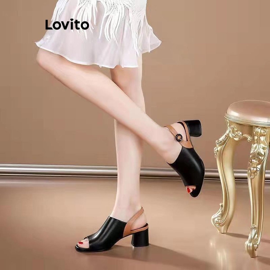 Lovito สง่างามธรรมดา บล็อกสี รองเท้าปากปลาส้นบล็อกอเนกประสงค์ที่เรียบง่ายสําหรับผู้หญิง  LFA65247