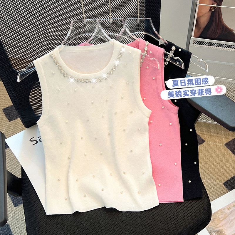 ลูกปัดถักเสื้อกั๊กผู้หญิงฤดูร้อนสาวร้อนสวมใส่ด้านนอกสั้นแขนกุดด้านบน