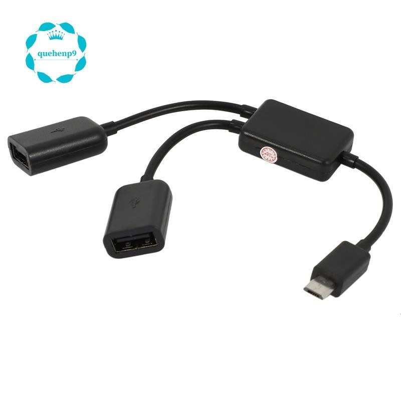 [quehenp9] สายเคเบิลแปลง Micro-USB ตัวผู้ เป็น 2X Type A USB คู่ ตัวเมีย OTG สีดํา สําหรับ Android แท็บเล็ต พีซี และสมาร์ทโฟน