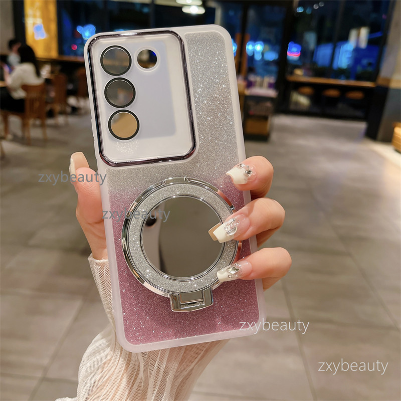 เคสโทรศัพท์มือถือนิ่ม ปิดด้านหลัง แบบบาง แต่งกลิตเตอร์วิบวับ พร้อมแหวนขาตั้งกระจก สําหรับ Vivo V29E 