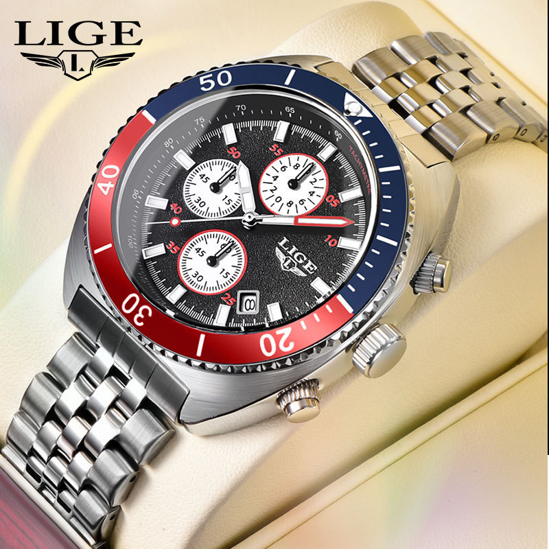 Lige Men 's Large Dial นาฬิกาควอทซ ์ กันน ้ ํา Retro Three-Eye Watch