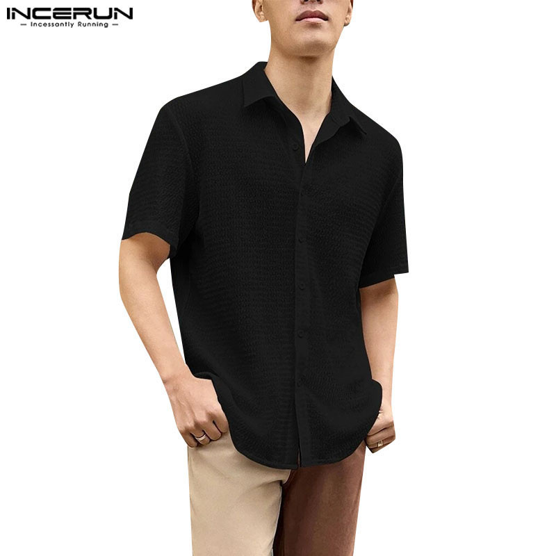 Incerun เสื้อเชิ้ตลําลอง แขนสั้น สีพื้น แฟชั่นเกาหลี สําหรับผู้ชาย