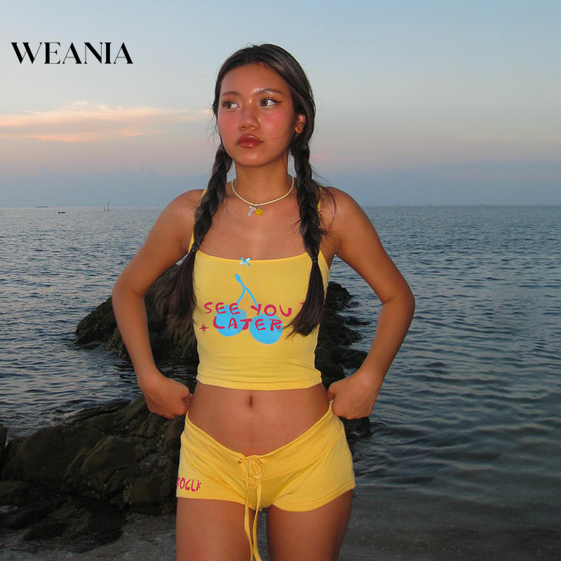 Weania กางเกงขาสั้น เอวต่ํา พิมพ์ลายตัวอักษร สีตัดกัน 2 ชิ้น
