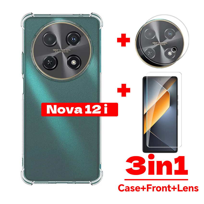 3in1 เคสโทรศัพท์มือถือแบบนิ่ม TPU ใส กันกระแทก กันรอยเลนส์กล้อง HD 9H เรียบง่าย สําหรับ Huawei Nova 12 i 12i 2024 Nova12i Nova12