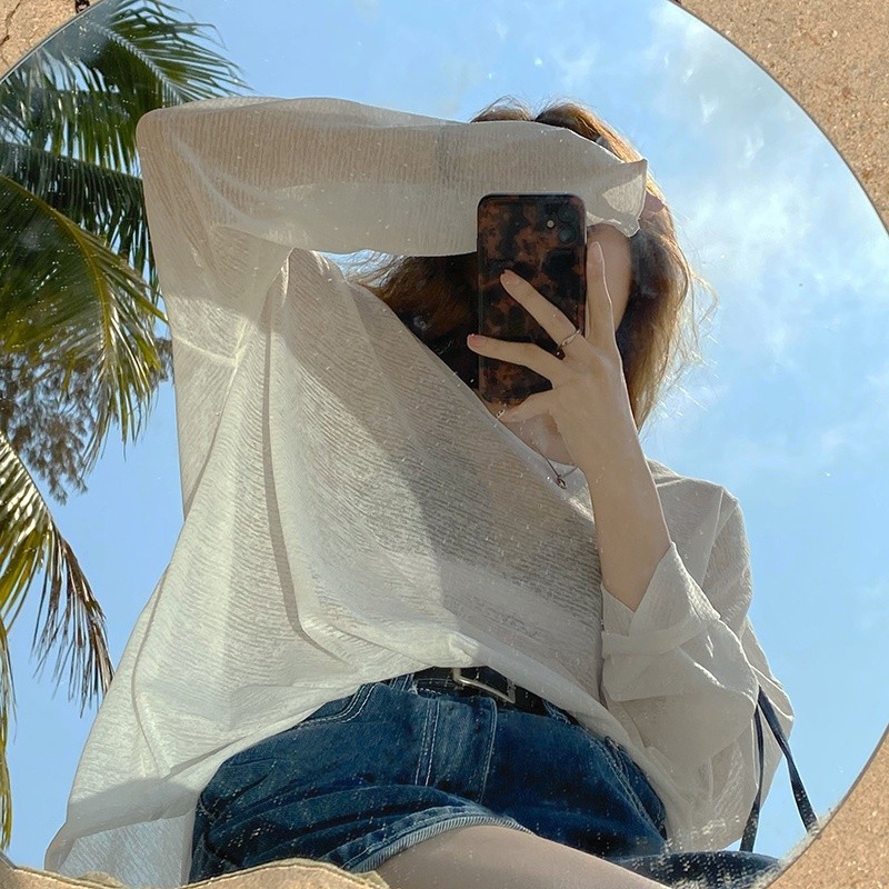 Dahong 💖เสื้อแขนยาวทรงขาว เสื้อบาง ผ้าถัก เข้ารูป  ผ้าซีทรู เสื้อไปทะเล สไตล์เกาหลี สําหรับผู้หญิง w247