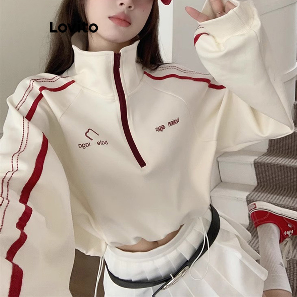 Lovito เสื้อสเวตเตอร์ผู้หญิง มีซิป แต่งขอบสี ลายตัวอักษร สไตล์ลำลอง LNA44017