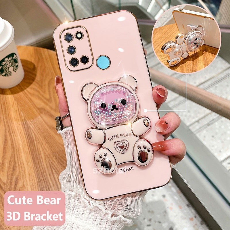 เคส realme 7i c17 เคสโทรศัพท์มือถือชุบนิ่ม ทรงสี่เหลี่ยม ลายหมีน่ารัก 6D พร้อมที่ตั้งวาง สําหรับ realme 7i c17