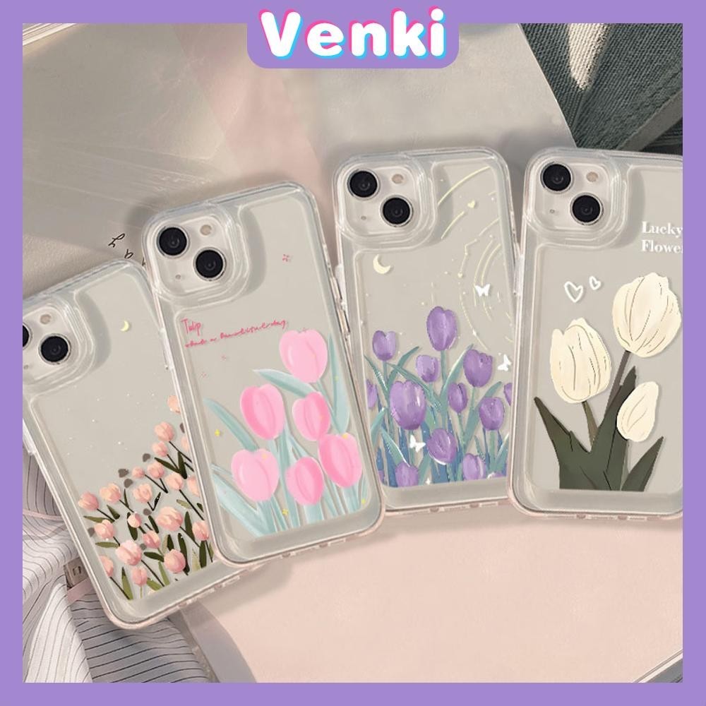 VENKI - สำหรับ iPhone 15 Pro Max เคสใส TPU ปุ่มชุบไฟฟ้าอ่อนป้องกันกล้องกันกระแทก ดอกทิวลิปสีม่วงที่สวยงาม เข้ากันได้กับ iPhone 14 13 12 11 XS XR 7Plus 8 Plus