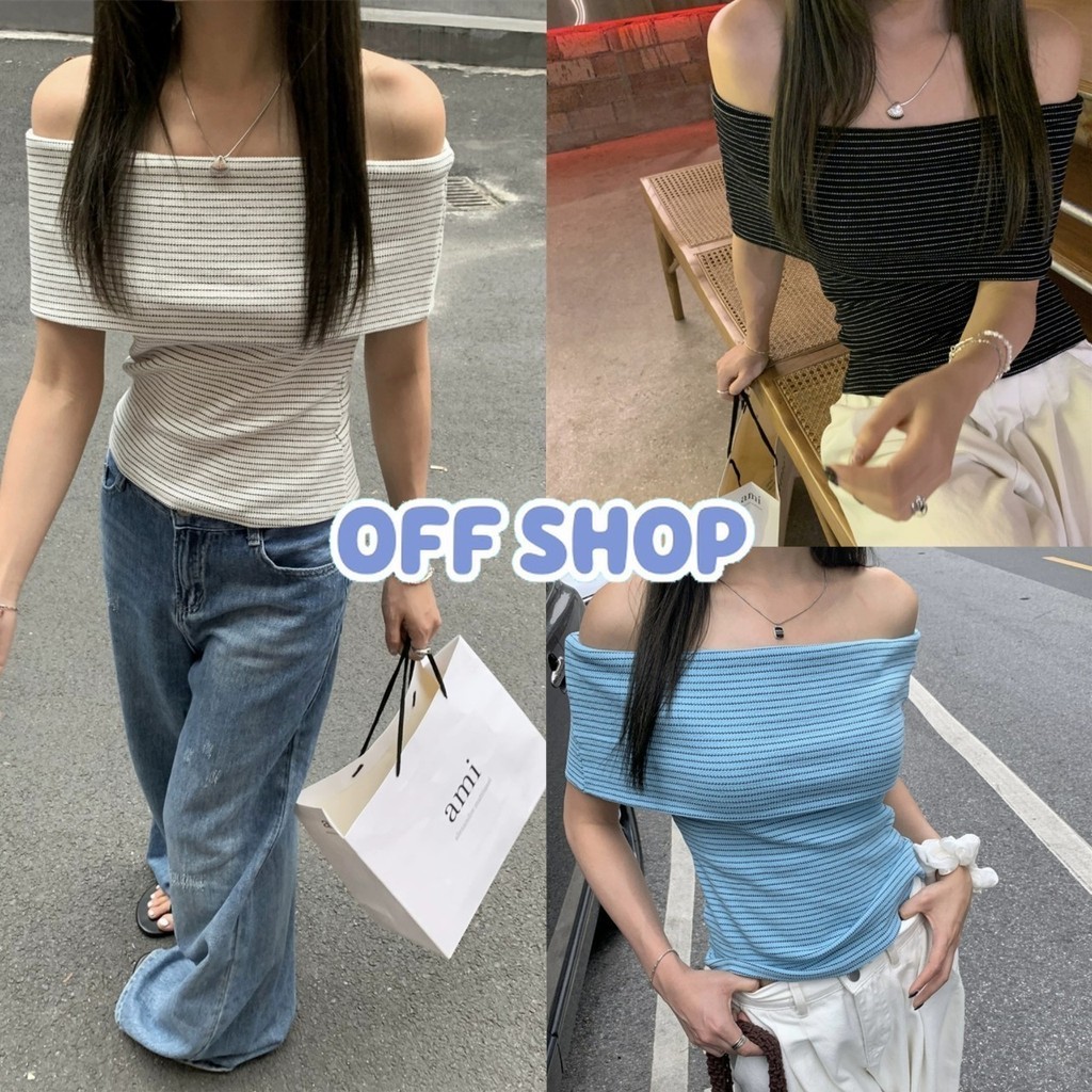 OFF SHOP พร้อมส่ง (OFF-18042)  เสื้อเปิดไหล่ไหมพรม ลายทาง ใส่ง่ายเบาสบาย