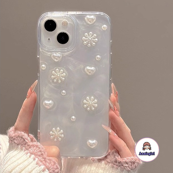 เคสไอโฟน เกาหลี 3D ไข่มุกเกล็ดหิมะ Glitter สําหรับ Iphone 11 13 14 Pro Max 12 15 ProMax XS XR 7 8Plus Anti-drop โทรศัพท ์ นุ ่ มปกหลัง
