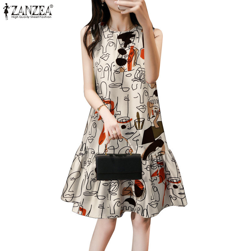 Zanzea ผู ้ หญิงหลวมรอบคอ Fishtail Ruffle Hem พิมพ ์ ชุดเดรสแขนกุด — صورة 8
