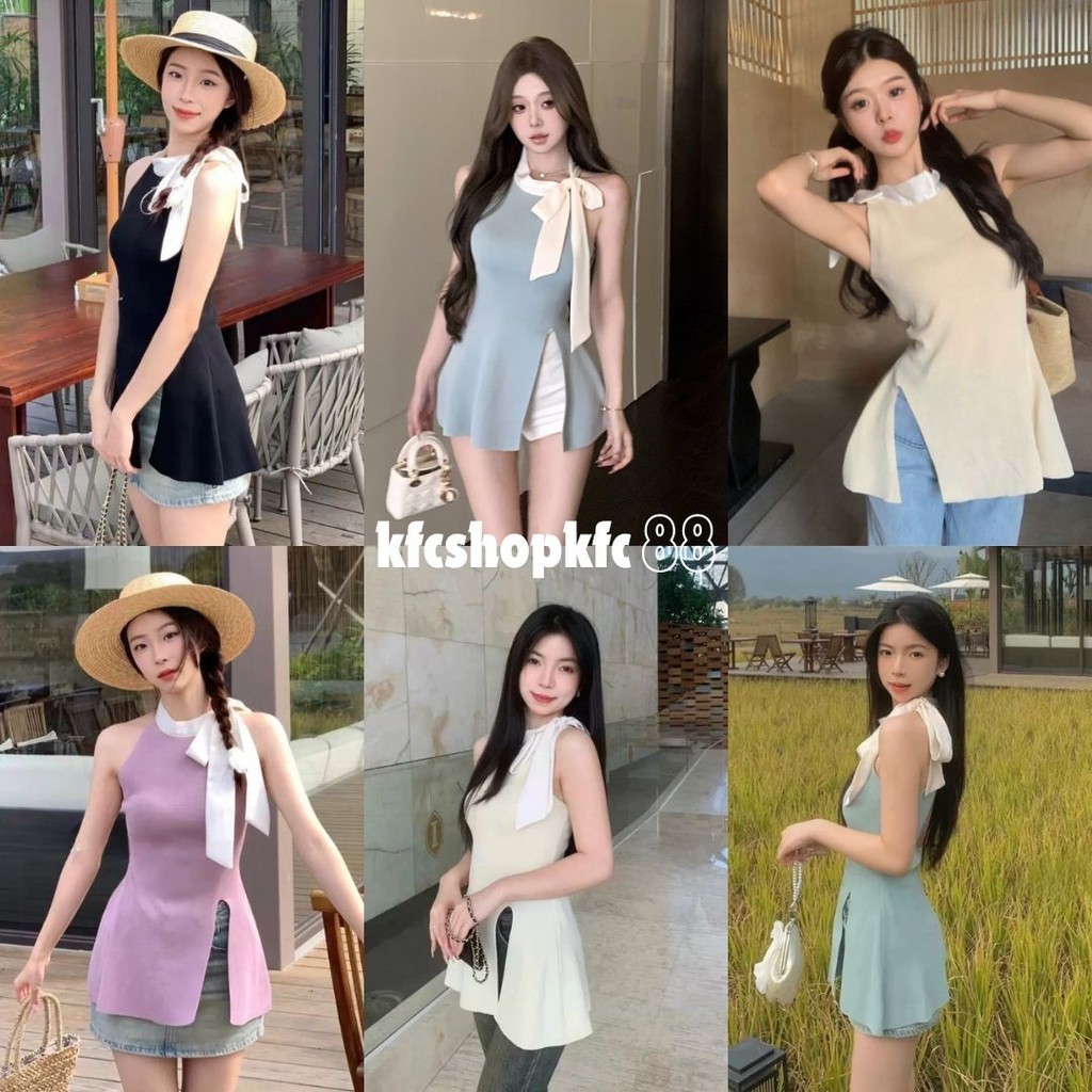 🌟KFC🌟ไหมพรมแขนกุด แต่งริ๊บบิ๊นผูกคอ ผ่าข้าง#B38