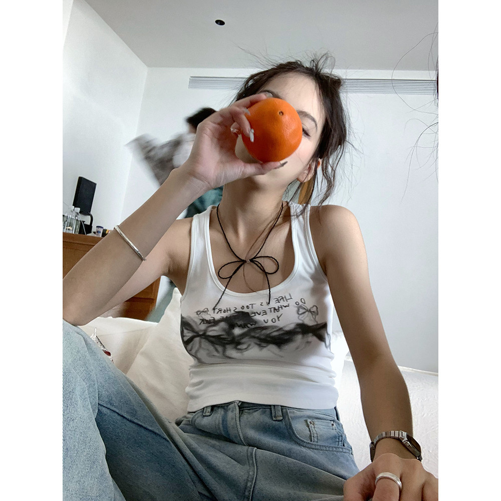 （จัดส่งตลอด 24 ชั่วโมง）Angel เสื้อกล้ามพิมพ์ลายหมอกควันแบบใหม่ฤดูร้อนสำหรับผู้หญิงเสื้อแขนกุด