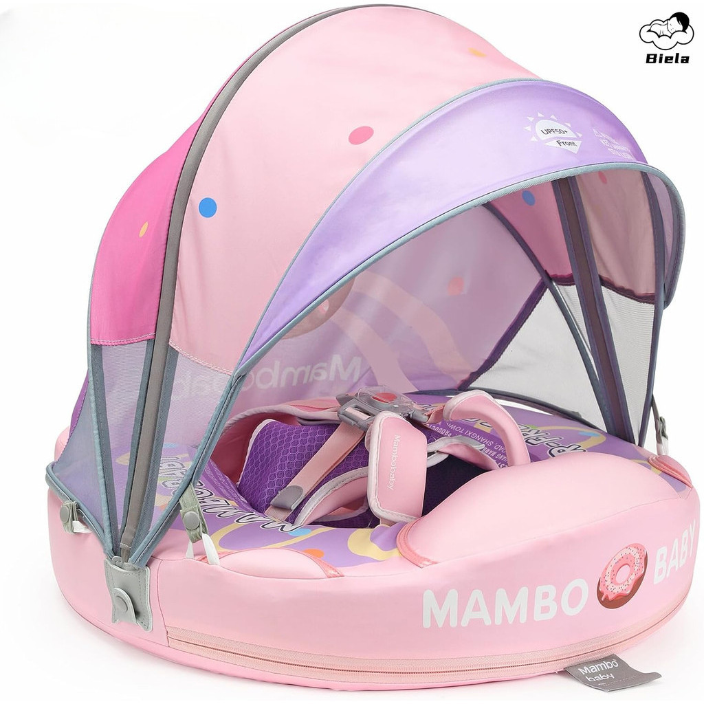 [ใหม่]Mambobaby Non Inflatable Baby Float Size ปรับปรุงเพิ่มหางหลีกเลี่ยงพลิกกว่าเทรนเนอร์ว่ายน้ํา Solid Infant Pool Float with Canopy UPF 50+ แหวนว่ายน้ํา