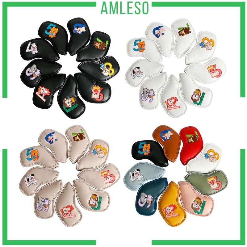 [ Amleso ] 9x หนัง PU Golf Iron Headcover Golf Club Head Cover, Protection,