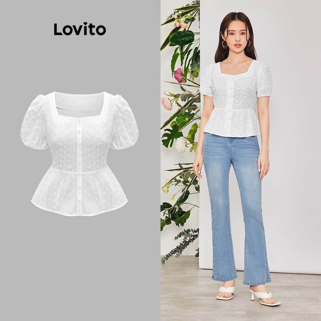 Lovito เสื้อเบลาส์ผู้หญิง แขนพอง งานปักตาไก่ เรียบหรู L65ED026 (สีขาว)