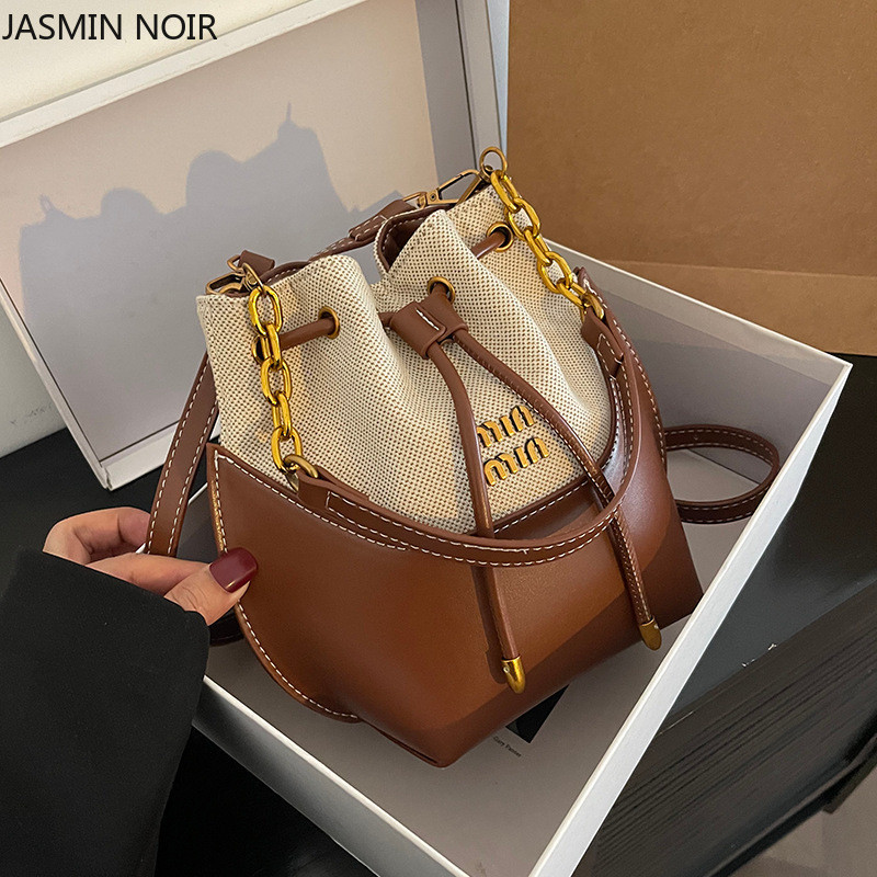 Jasmin NOIR PU หนัง Contrast สีกระเป๋าสะพายสตรี Retro Chain Drawstring Crossbody Bag กระเป๋าถือ