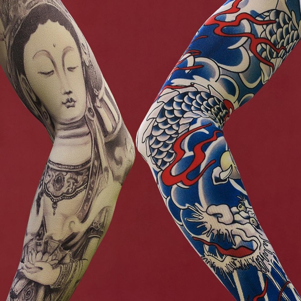 Quillan แขนดอกไม้ Tattoo Sleeve, แขนดอกไม้รูปแบบ Elastic Men ครีมกันแดด, แขนอุ่น Breathable แขนยาวครีมกันแดด Sun Protection Cover กลางแจ้ง - รูปที่ 5