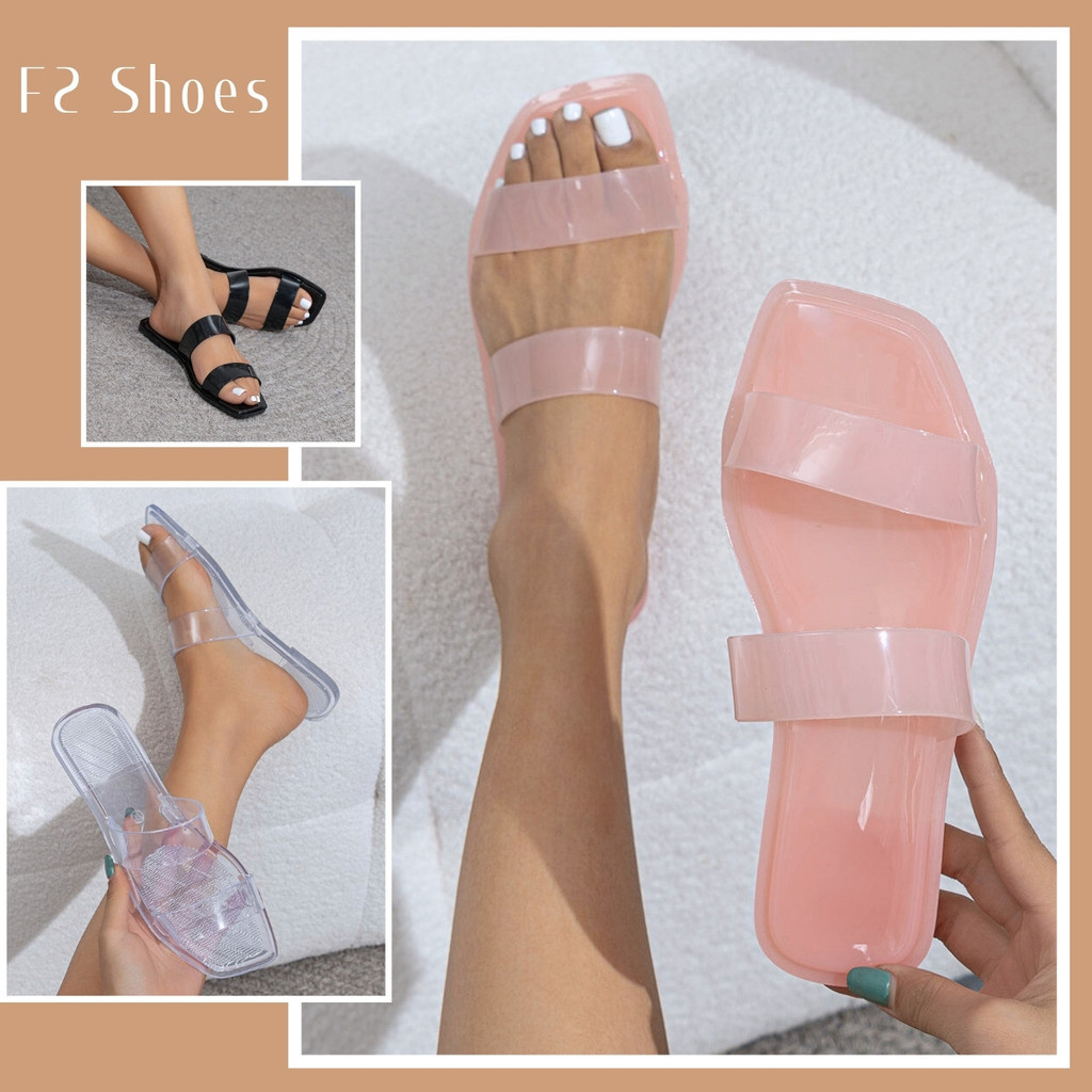 F2 พร้อมส่ง รองเท้าแตะเจลลี่ หัวตัด ส้นเตี้ย สายแบนคาดคู่ 3 สี (12)