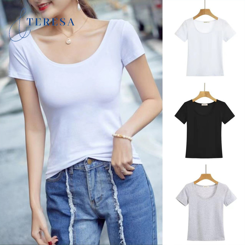 เสื้อยืดเข้ารูป คอกว้าง สีพื้น สำหรับผู้หญิง ราคาถูก