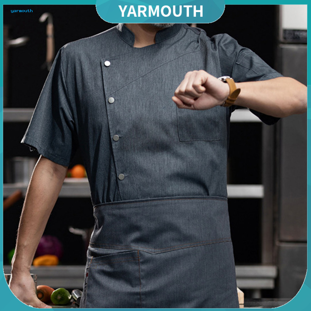 Yyr_ ชุดเชฟทนคราบ Premium Chef Uniform Stylish Stand Collar แขนสั้นและทนทานเสื้อผ้าทํางานสําหรับ Cooks Bakers และร้านอาหารพนักงานเหมาะสําหรับตะวันออกเฉียงใต้