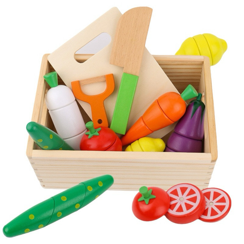 Woody Puddy ตะกร้าของเล่นไม้จำลอง ชุดหั่นผัก
