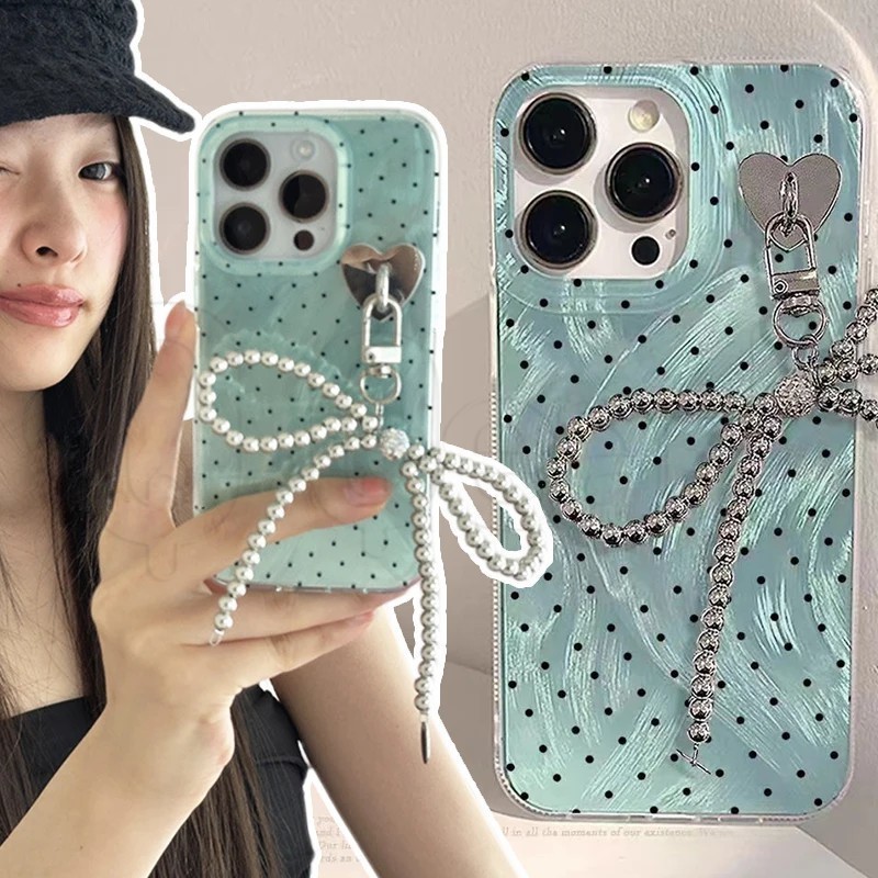 Ins Pearl Bowknot Phone Chain - Y2K Heart Pendant Charm Strap - Handmade Korean Keychain Chain - DIY Cute Bag Keyring Strap - Sweet Phone Lanyard - Women Girl Girl Fashion Accessories