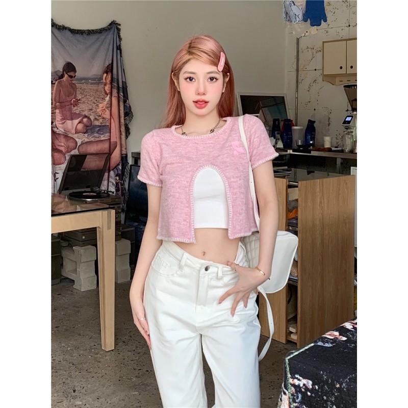 Glassy Sky พร้อมส่ง เสื้อแขนสั้นถักไหมพรม คอกลม ดีเทลเว้าเอวตรงกลางเก๋ๆ เสื้อยืดผู้หญิง (9A111) -C