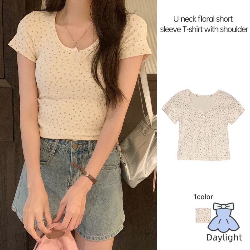 U-neck Floral Short Top Slim Fitting Bottoming Shirt เสื้อยืดแขนสั้นผู้หญิงสด DL