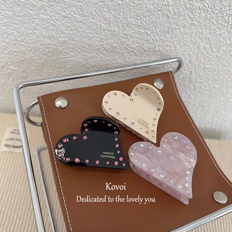 Kovoi/love คริสตัลสีชมพู Acetate คว้าคลิปเพชรหรูหราแฟชั่น Classy All-Match ตัวอักษรฝรั่งเศสคลิปฉลามอุปกรณ์ผม