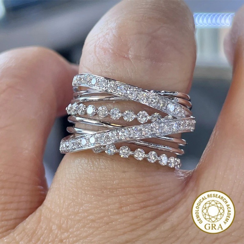 [ใบรับรอง Gra ฟรี] ใหม่ Super Flash Moissanite Multi-Layer Surround Cross Creative Ring