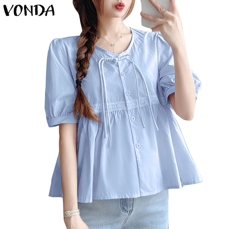 Vonda เสื้อเบลาส์แขนสั้นสีทึบคอกลมลําลองเกาหลีสําหรับผู้หญิง