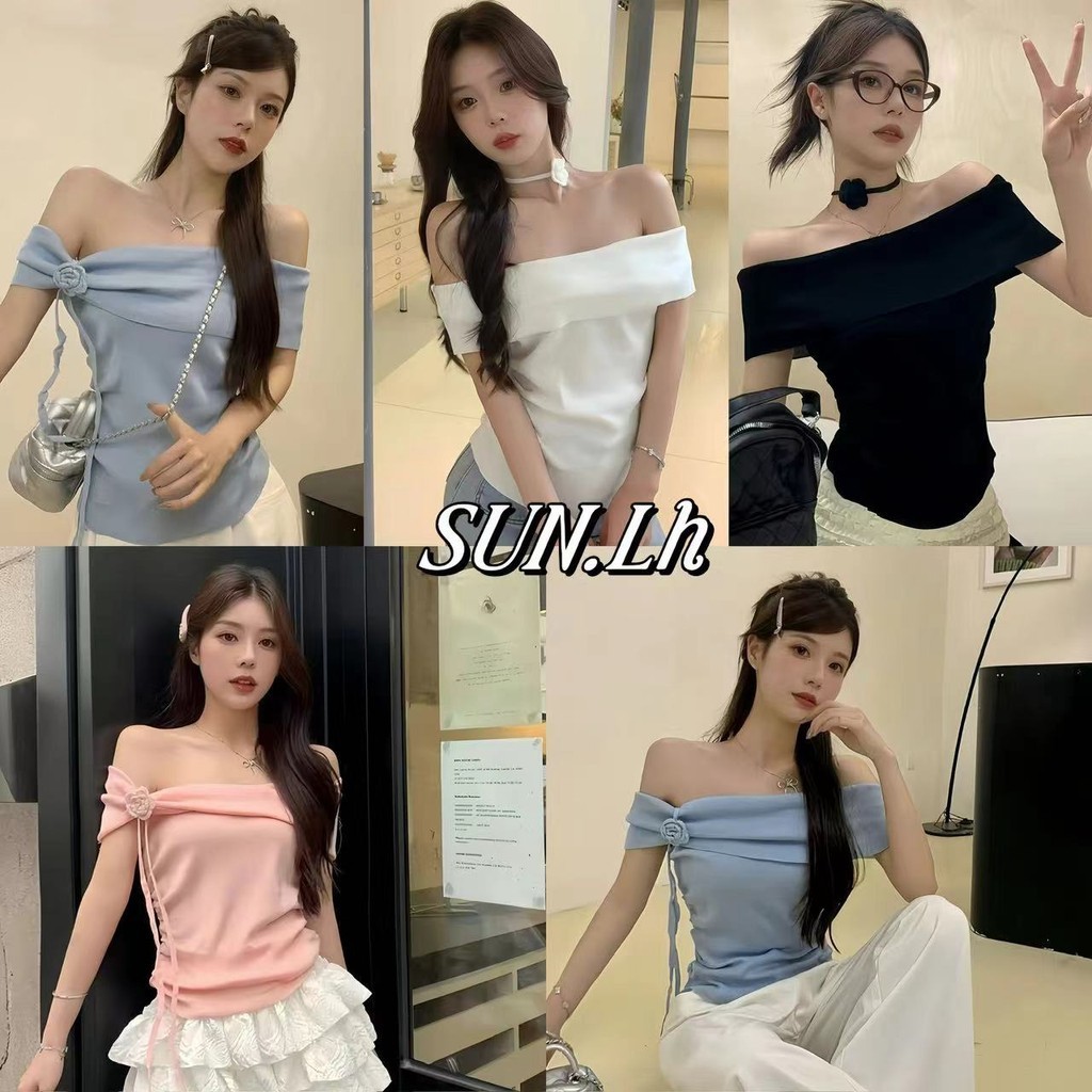 SUN พร้อมส่ง เสื้อปาดไหล่เซ็กซี่ผู้หญิง ไหมพรม น่ารัก เซ็กซี่