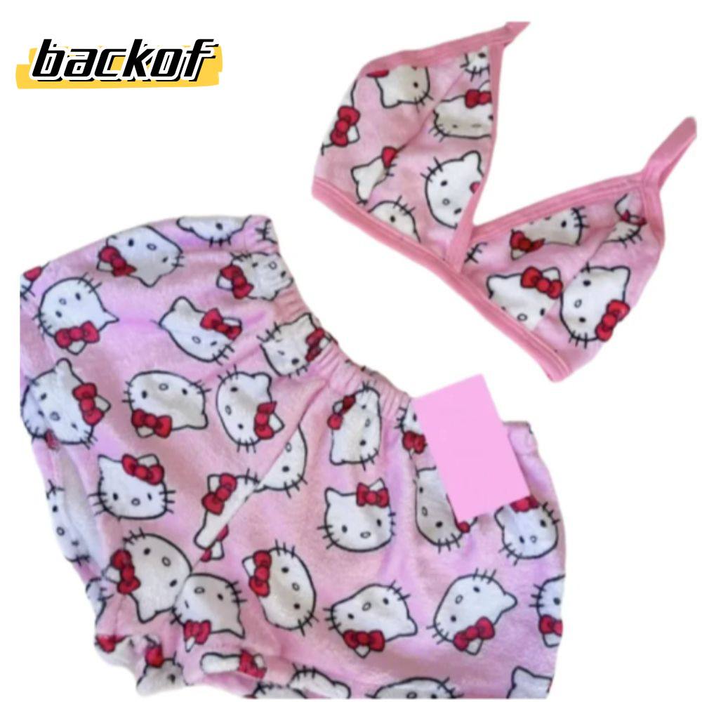 SANRIO กลับ ชุดนอนสุภาพสตรีหลวม, ชุดอยู่บ้านการ์ตูน ซานริโอ, สบาย น่ารัก กางเกงนอนคิตตี้สองชิ้นสําหรับผู้หญิง