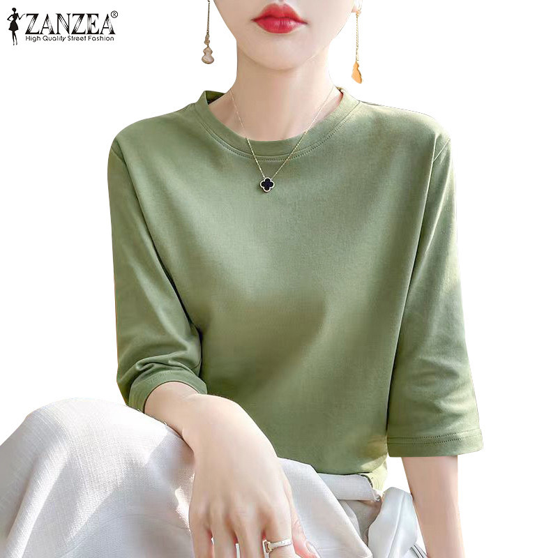 ZANZEA ใส่ ซานเซีย ผู้หญิงเกาหลีทุกวันรอบคอครึ่งแขนสีทึบเสื้อยืด