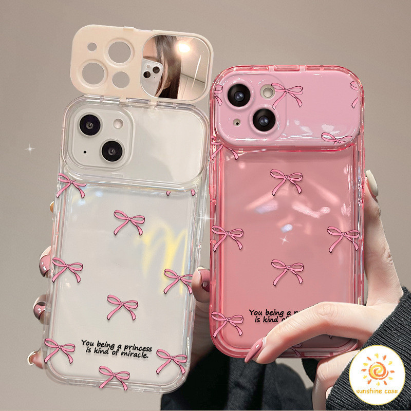กระจกแต่งหน้าทรงโบว์แบบเต็มจอ สีชมพู เคสสำหรับไอโฟน11 For iPhone12 13 14 15Pro MAX X XS XR XS 7 8Plus SE2020เคสโทรศัพท์