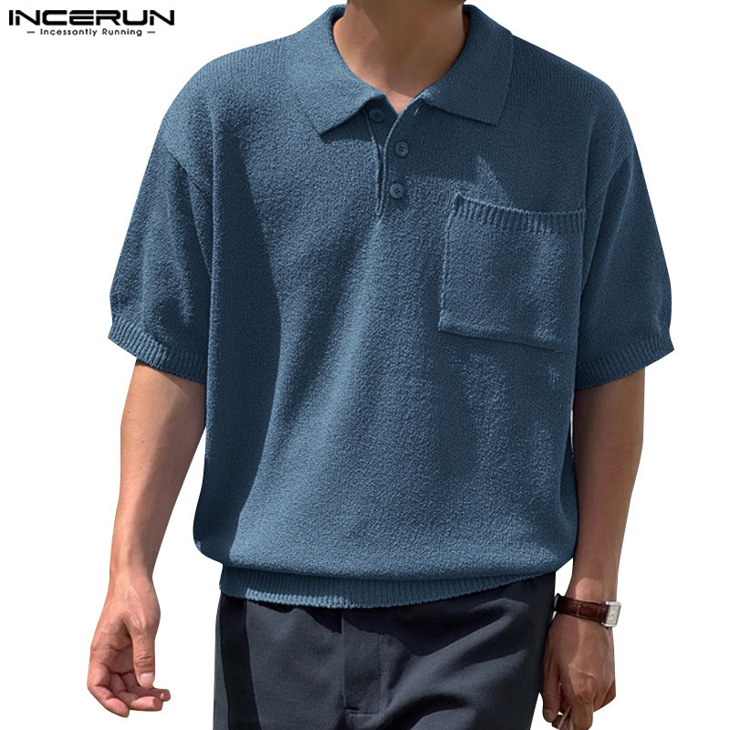 Incerun ผู้ชายเกาหลีลําลองแพทช์เดี่ยวกระเป๋าปกครึ่งปุ่มเสื้อโปโล