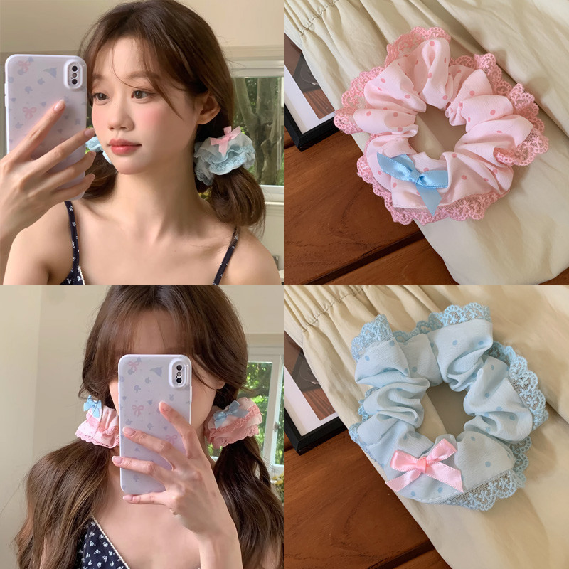 น่ารักลายจุดโบว์ผมแหวนสาวลูกไม้ผูกผมหางม้ายางรัดอุปกรณ์ผม