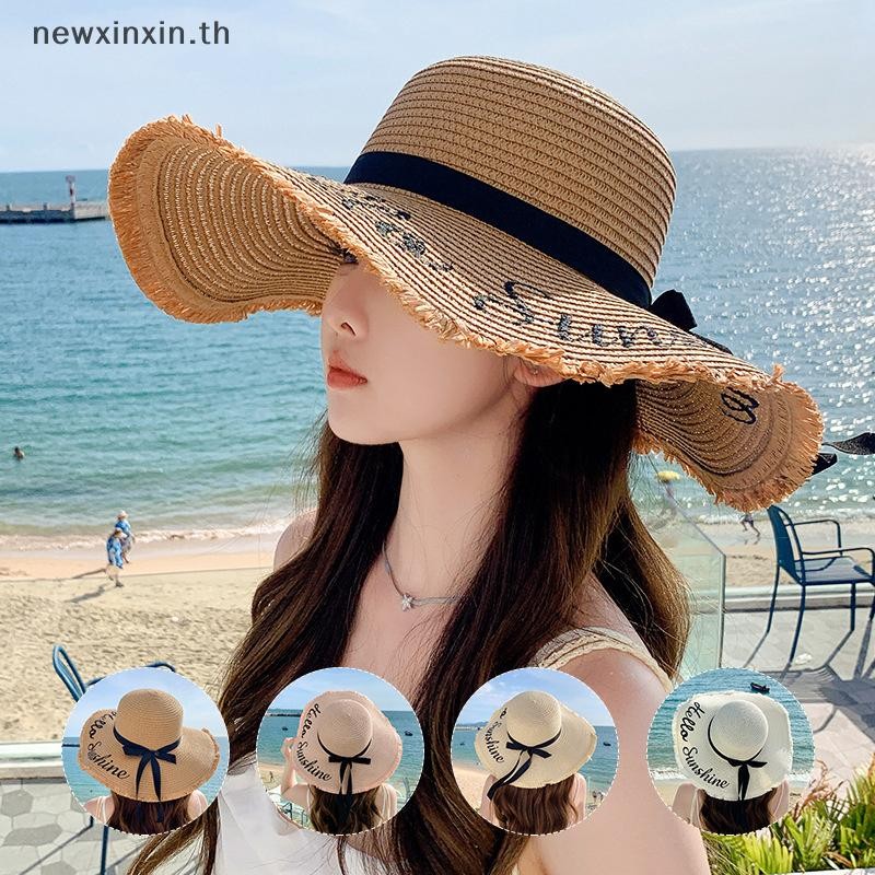 ^N^ ผู้หญิงฤดูร้อนชายหาดหมวกฟางเกาหลี Seaside Brim Sunblock ม่านบังแดดวันหยุดแฟชั่น Big Cool Bow หมวก {T}