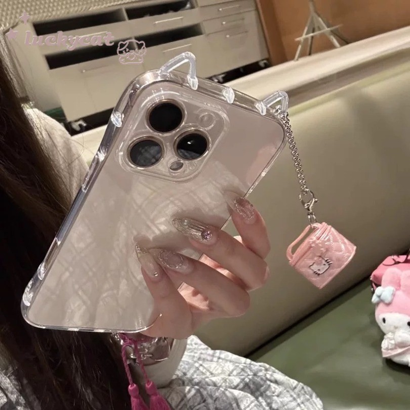 Iphone 16 15 14 13 12 11 Pro Max X Xr Xs Max 7 8 Plus SE2020 เคสโทรศัพท์น่ารักสีชมพู KT Cat กระเป๋าเครื่องสําอาง + Lanyard Clear Soft ฝาหลัง
