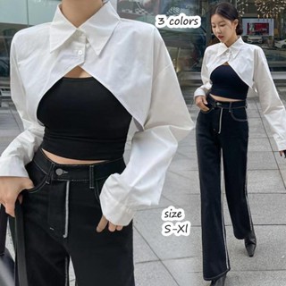 mimi&didi#เสื้อครอปลำลองสำหรับผู้หญิง เสื้อเชิ้ตสีขาว สไตล์เ…