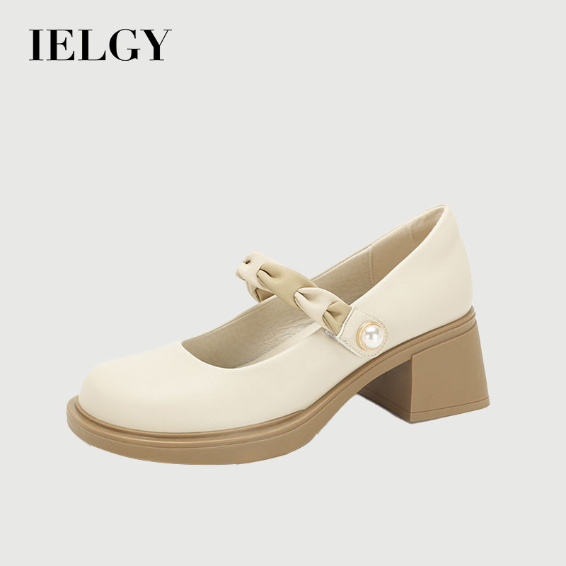 IELGY สีขาวแมรี่เจนรองเท้าผู้หญิงใหม่หนังนุ่มส้นหนารองเท้าส้นสูง