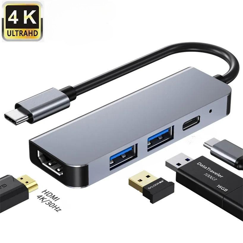 4 in 1 Type C Hub Adapter พร้อม HDTV HDMI 4K PD ชาร์จ USB Hub 3.0 4 พอร์ต USB C Docking Station สําห