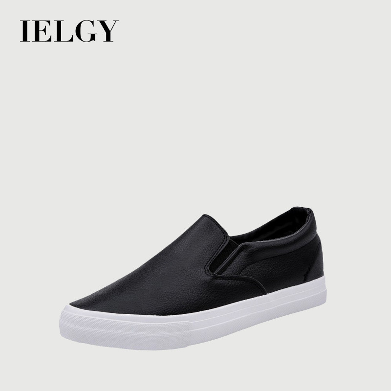 IELGY รองเท้าโลฟเฟอร์ลําลองนักเรียนชายสีขาวแบนลื่นบนรองเท้าขี้เกียจ