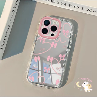 สีแดง โบว์ เคสไอโฟน12 สำหรับ IPhone 15 11 14 12 13 16 Pro Max XR X XS 8Plus 7Plus Max 13 7 8 Plus SE พื้นผิวกระจก